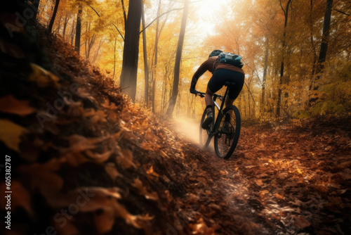 Ein Mann f  hrt durch den Herbstwald Fahrrad  Generative AI