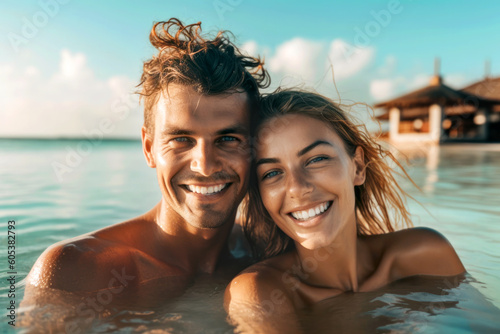 Newlywed  couple on their honeymoon in a resort pool.  Composite with different elements made with generative AI © Jose Luis Stephens