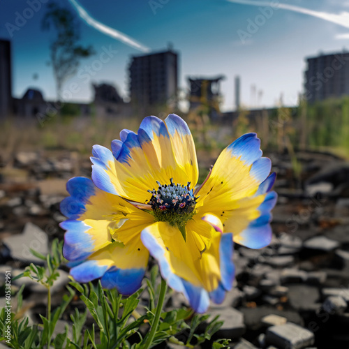 Closeup Of A Blue And Yellow Flower Growing In A Desolate Wasteland – Generative AI photo