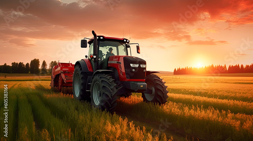 Tractor in the field under sunset light  tillage in spring  preparation for sowing. Generative AI