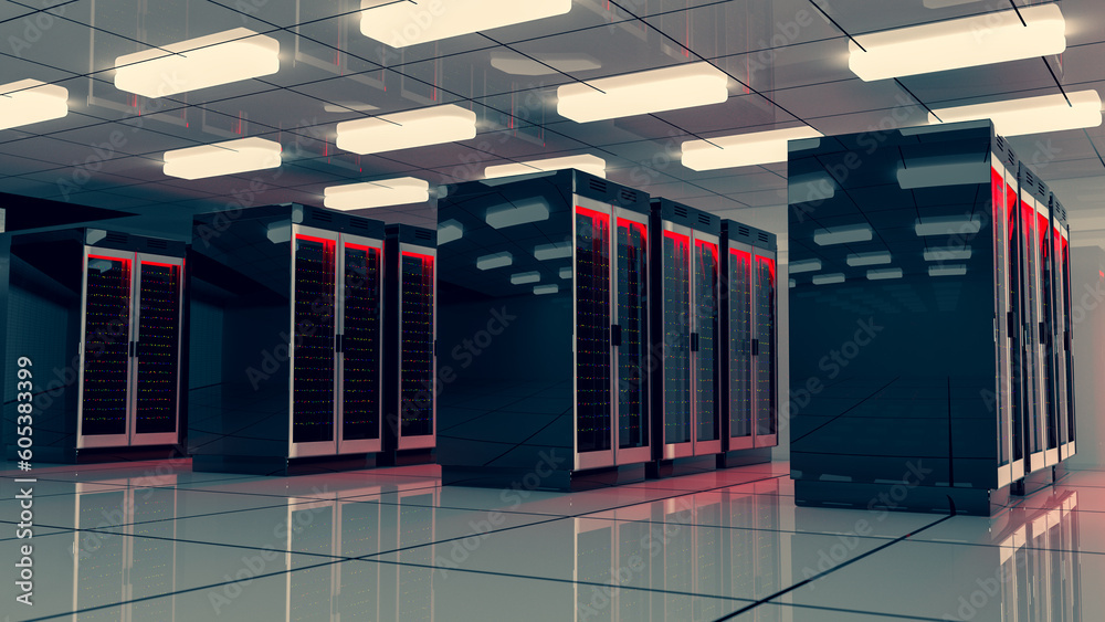 Server room. Server data center. Backup, mining, hosting, mainframe, farm and computer rack with storage information. 3d rendering