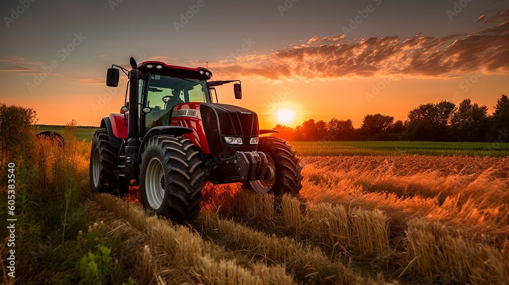 Tractor in the field under sunset light, tillage in spring, preparation for sowing. Generative AI Tractor in the field under sunset light, tillage in spring, preparation for sowing. Generative AI
