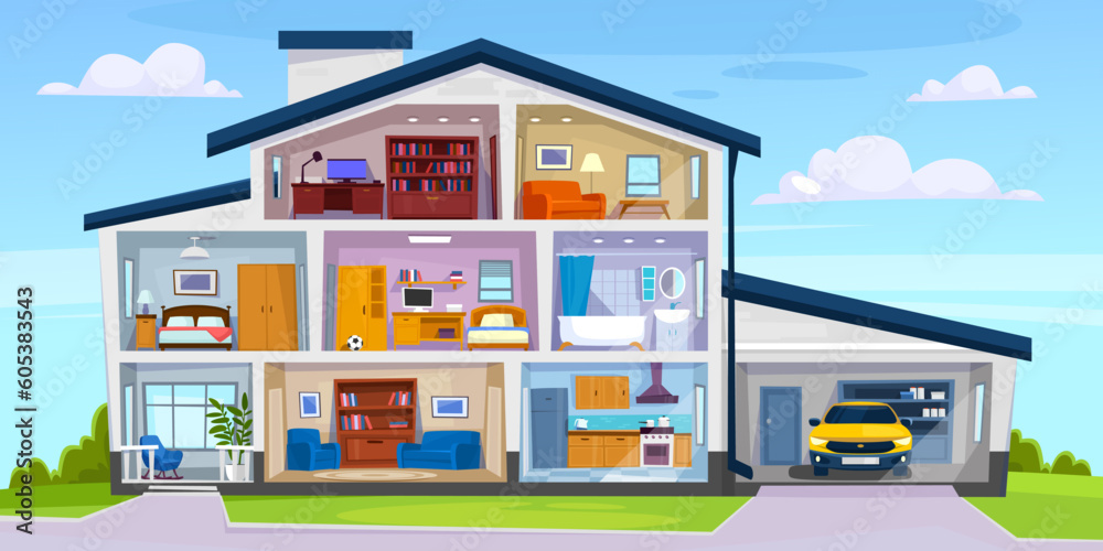 A cut view of a three-story house. The interior design of a modern suburban home with a garage, kitchen, living room, attic, and bathroom in a cross sectional view. Cartoon vector illustration.
