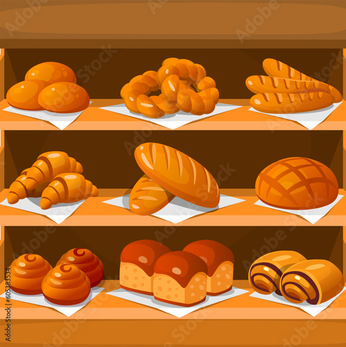 A wooden shelf full of pastries in a bakery. Baked goods on a stand in a grocery store. Cinnamon rolls, bread, croissants, baguette and chocolate buns are on display. Cartoon vector illustration.