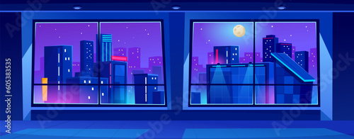 Beautiful night view from a large open window in a city downtown room with stars in the sky and lights in skyscrapers. Urban landscape with megapolis after dark. Cartoon vector illustration.