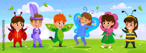 Cute children in funny costumes at a fall party. Kid characters dressed as a bee, rabbit, butterfly, flower, and ladybug on the green grass on a sunny day at a festival. Cartoon vector illustration