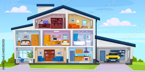 Fototapeta Naklejka Na Ścianę i Meble -  A cut view of a three-story house. The interior design of a modern suburban home with a garage, kitchen, living room, attic, and bathroom in a cross sectional view. Cartoon vector illustration.