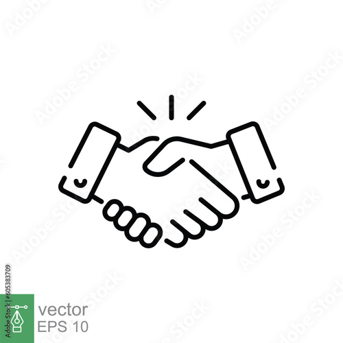 Hand shake icon. Simple outline style. Handshake, partnership, introduction, agreement, deal, friendship, business concept. Thin line symbol. Vector illustration isolated on white background. EPS 10.