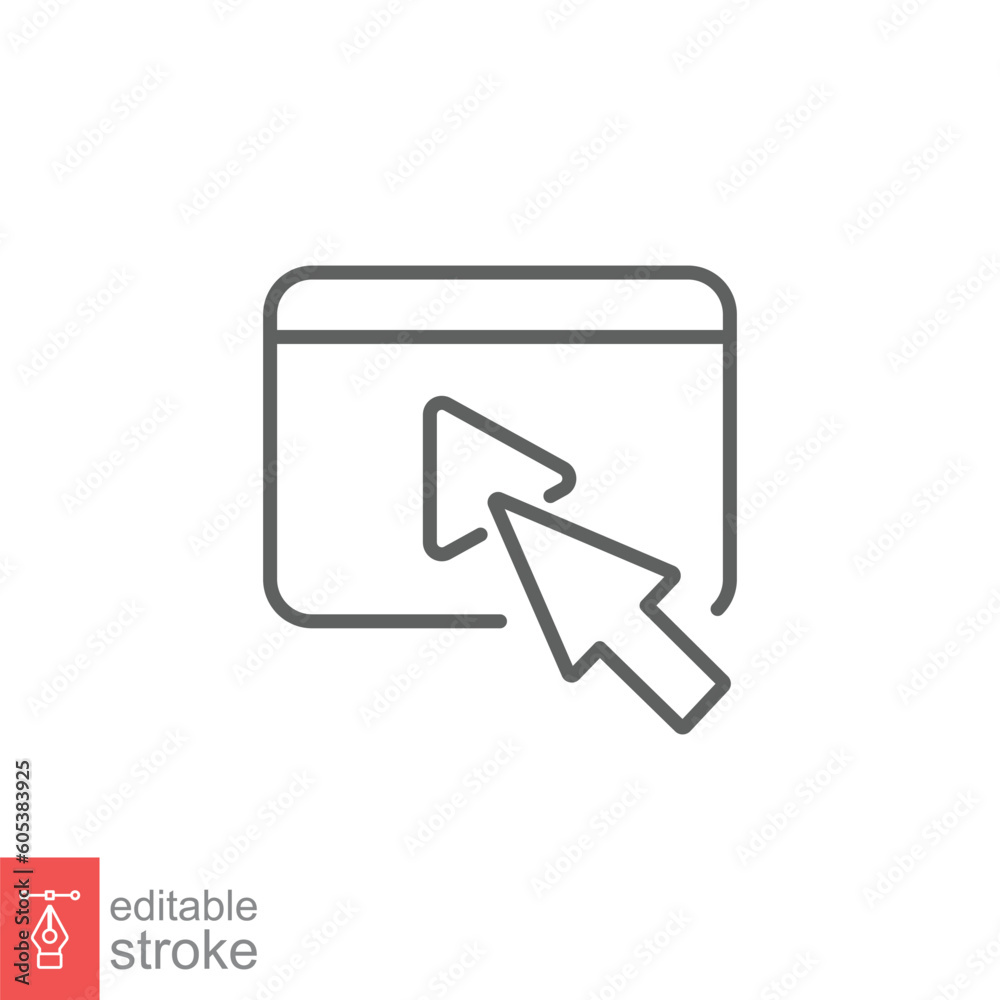 Arrow cursor click play video button icon. Simple outline style. Press, touch, media, online concept. Thin line symbol. Vector illustration isolated on white background. Editable stroke EPS 10. Arrow cursor click play video button icon. Simple outline style. Press, touch, media, online concept. Thin line symbol. Vector illustration isolated on white background. Editable stroke EPS 10.