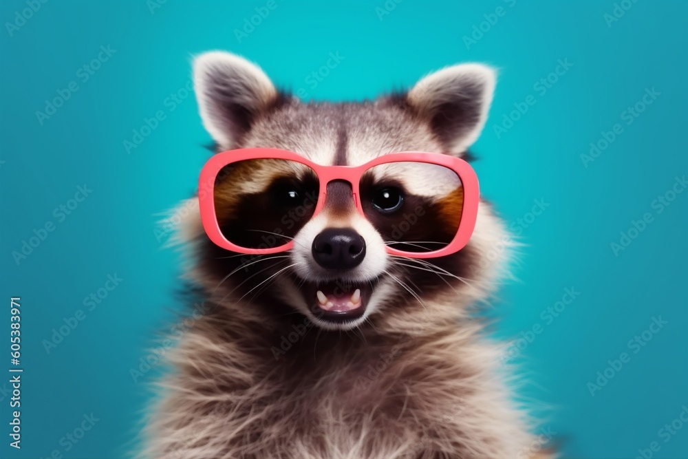 yellow background music party portrait pet animal raccoon young glasses fun. Generative AI.