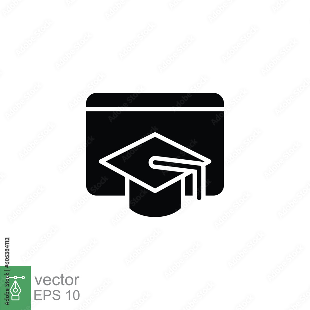 E-learning icon. Simple solid style. Learn, online, digital, graduation cap, distance education concept. Black silhouette, glyph symbol. Vector illustration isolated on white background. EPS 10. E-learning icon. Simple solid style. Learn, online, digital, graduation cap, distance education concept. Black silhouette, glyph symbol. Vector illustration isolated on white background. EPS 10.