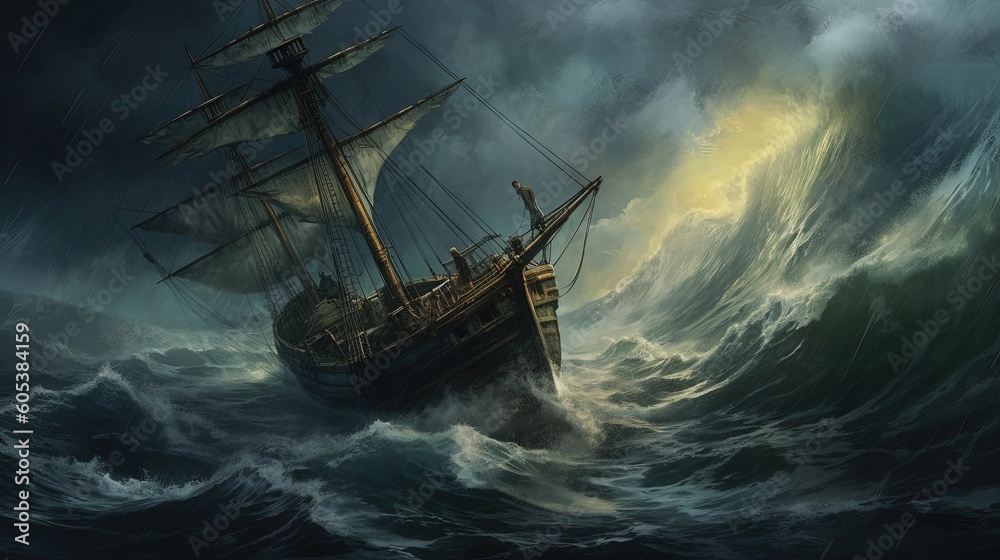 Obraz premium Old sail ship braving the waves of a wild stormy sea, Generative AI