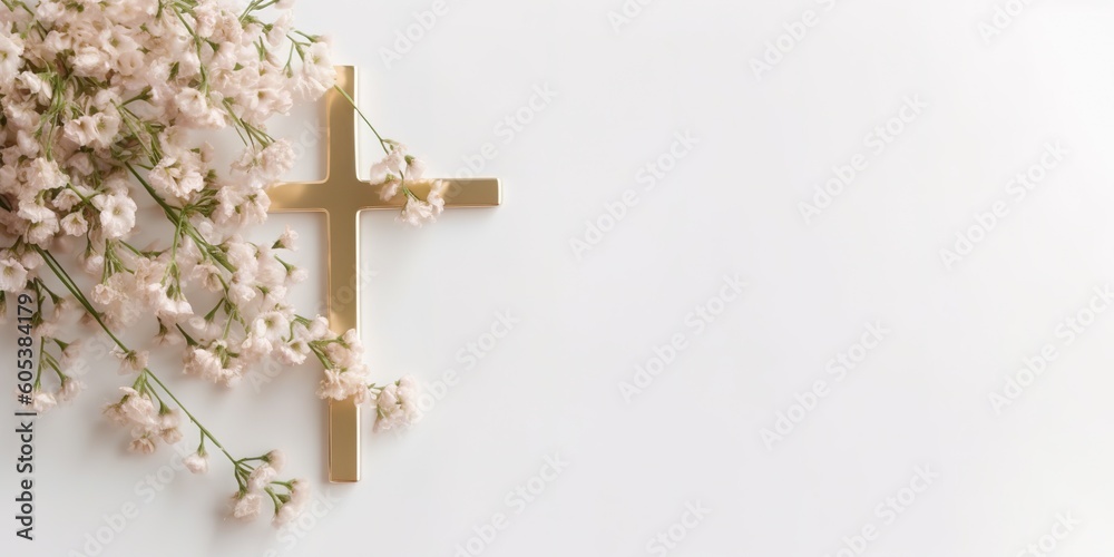 Gold christianity cross with white flowers. Background with copy space