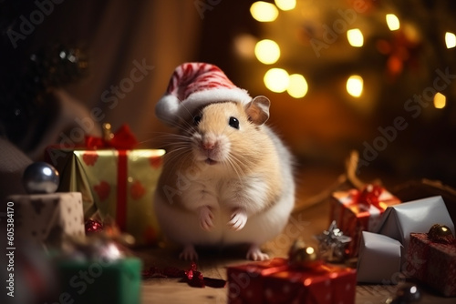 Holidays concept. Hamster wearing Christmas clothing in Christmas tree and garlands background. Generative AI photo