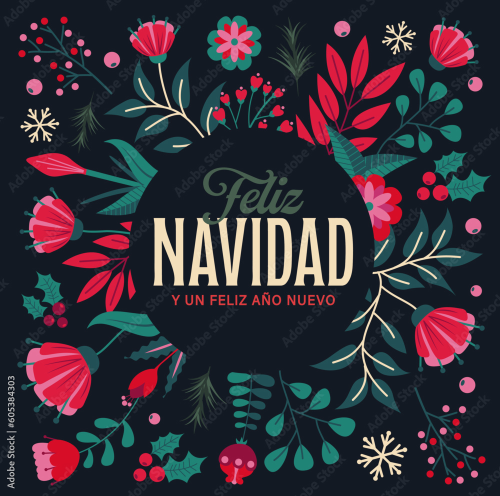 Vector illustration, flowers, snow flakes, winter colors. Spanish greeting card to wish a merry christmas and a happy new year. Floral ornament in cold tones