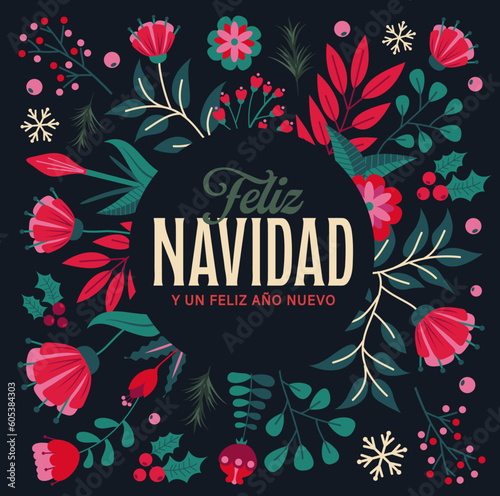 Vector illustration, flowers, snow flakes, winter colors. Spanish greeting card to wish a merry christmas and a happy new year. Floral ornament in cold tones