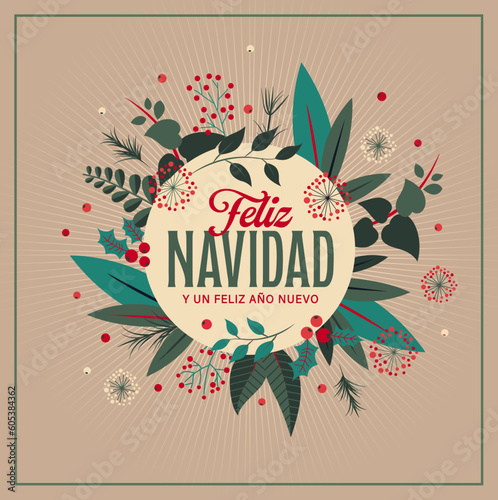 Vector Illustration. Greeting card for Christmas. Spanish Wish card for winter holidays season, happy new year.	Feliz Navidad.
