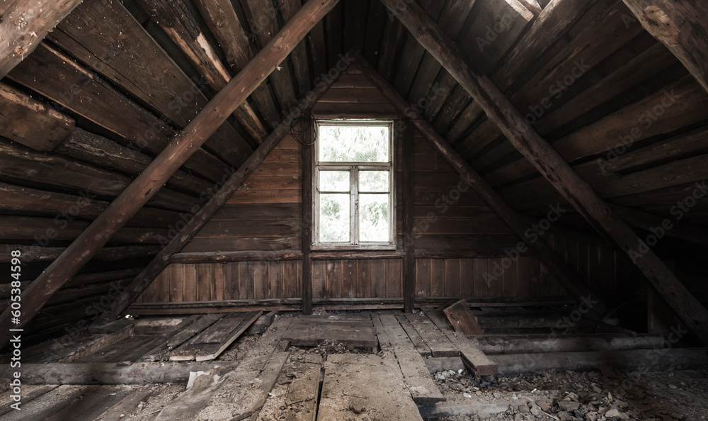Abstract grunge interior, perspective view of an abandoned attic room Abstract grunge interior, perspective view of an abandoned attic room