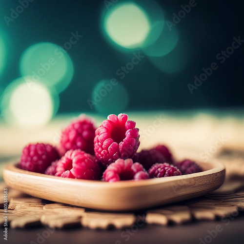 Close up rasberry in a wood plate, created with generative AI technology photo