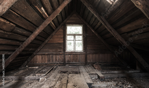 Abstract grunge interior  perspective view of an abandoned attic room