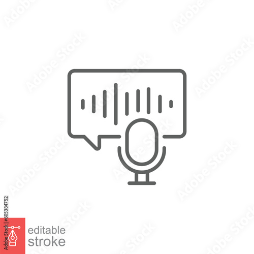 Voice message icon. Simple outline style. Phone audio record, podcast, mic sound with bubble speech concept. Thin line symbol. Vector illustration isolated on white background. Editable stroke EPS 10.