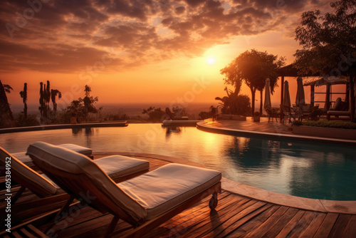 Luxury sunset poolside relaxation with stunning landscape view. Generative AI
