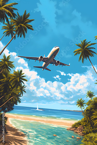 Illustration of an airplane flying to the island of Hawaii  USA