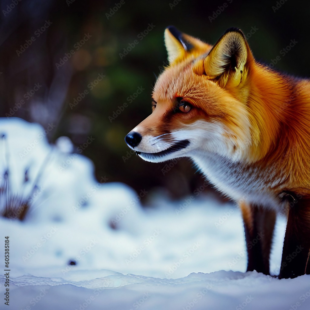 Fototapeta premium Close up animal fox with winter background , created with generative AI technology