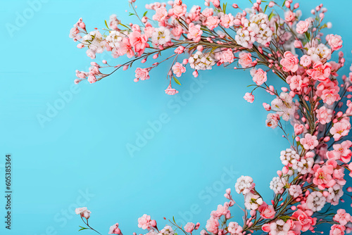 Romantic floral with tiny delicate pink waxflowers sprinkled over a pale pastel blue background. Generative AI