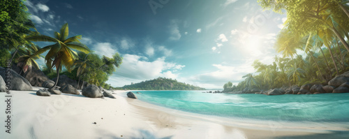 A breathtaking tropical beach with palm trees and rocky cliffs, where the sun sets over the ocean in a blaze of color. AI generative beauty to capture.