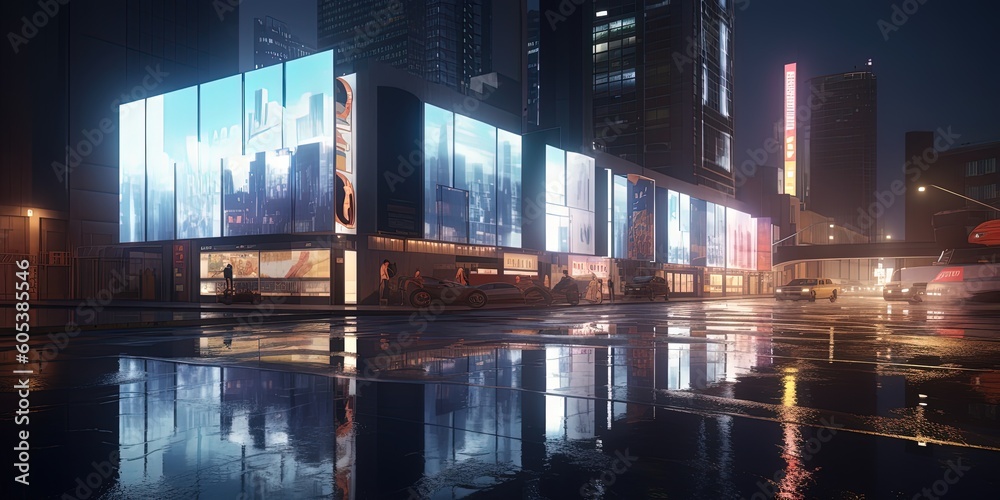 modern buildings in capital city with light reflection from puddles on street. by ai generative