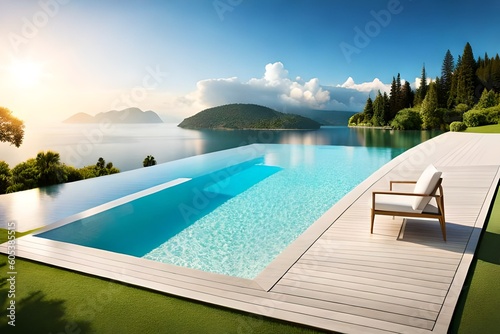 Swimming pool with a view of the lake and mountains  Generated AI