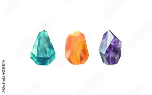 A collection of images of diamonds of various geometric shapes, colors and sizes.Glass shiny crystals with different shades reflecting light.Vector realistic set of glow gemstone or colorful ice.