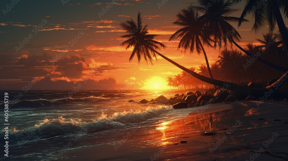 Painting of  Beautiful colorful sunset on tropical ocean beach with coconut palm trees silhouettes, Generative AI