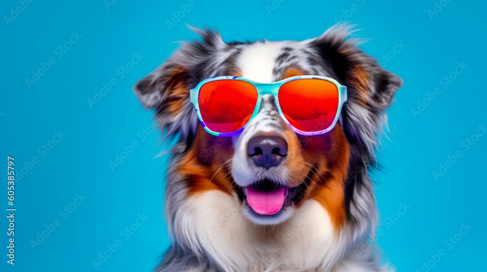 Australian sheperd wearing colorful sunglasses