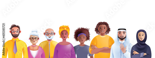 3D diverse people avatar set, person vector business group, multicultural character student crowd. Office team, happy man, smiling woman cartoon society concept. Diverse people community work banner
