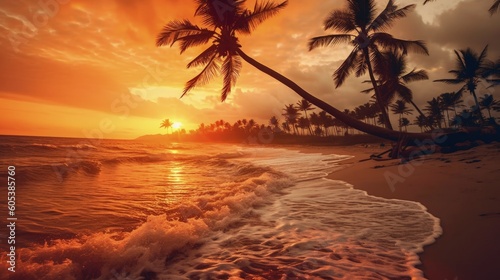 Beautiful colorful sunset on tropical ocean beach with coconut palm trees silhouettes, Generative AI