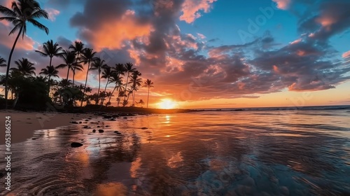 Silhouette of palm trees Beautiful sunset on the tropical sea beach background, Generative AI © Sasint