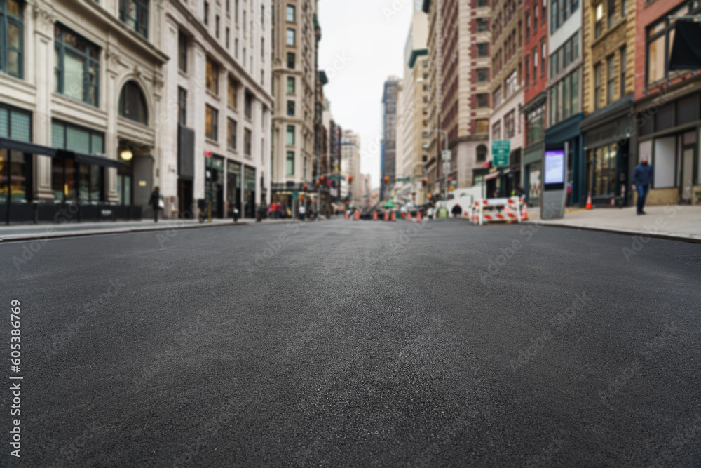  empty asphalt road of a modern New York city with skyscrapers