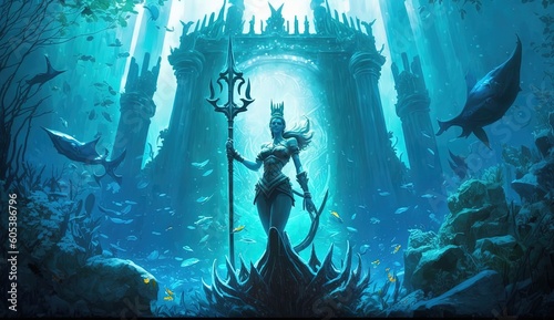 Illustration of A statue of the Greek goddess with a shield and a trident, stands in an underwater city surrounded by fish and corals. ai generative photo