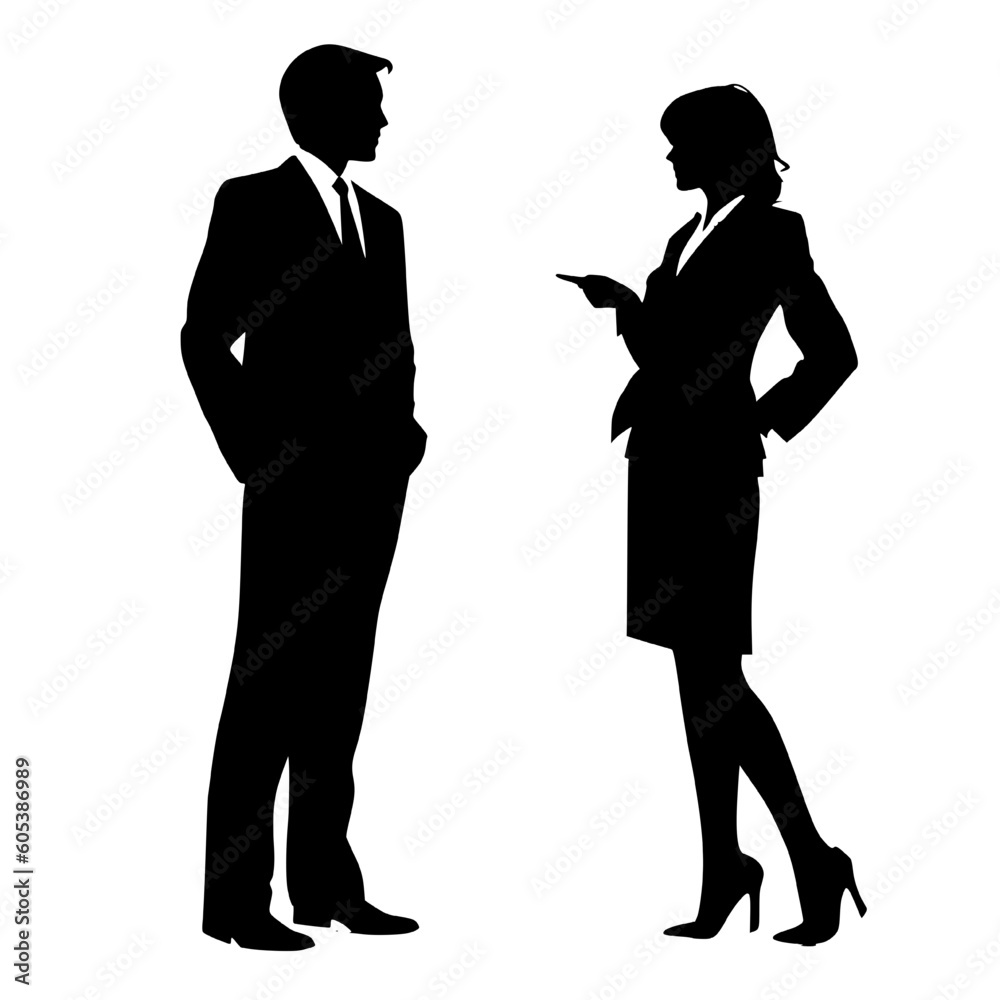 Silhouette of Businessman and Businesswoman Discussing Ideas