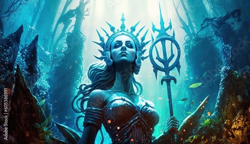 Illustration of close up a statue of the Greek goddess with a shield and a trident, stands in an underwater city surrounded by fish and corals. ai generative