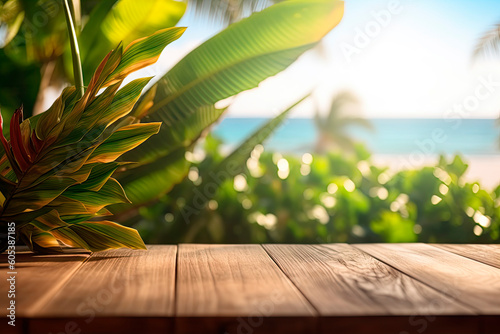 wooden table with tropical leaves and sunny beach background. Generative AI