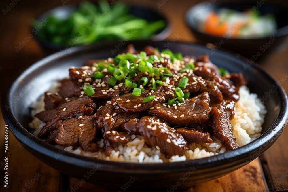 Bulgogi rice bowl is a gui made of thin marinated slice Food photography Bulgogi rice bowl is a gui made of thin marinated slice Food photography