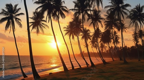 Beautiful tropical beach with palm trees silhouettes at dusk, Generative AI