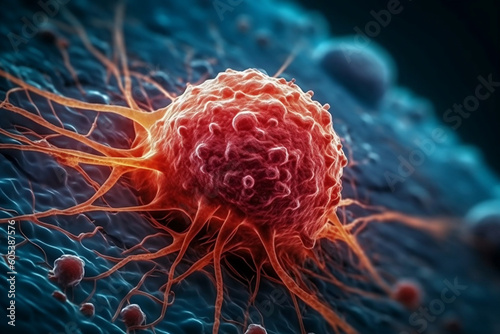 Cellular Warfare: Microscopic View of Tumor Cells and Cancer Cell Destruction. Bacteria under microscopic view. Biological therapy medicine from desease concept. Generative AI Technology.