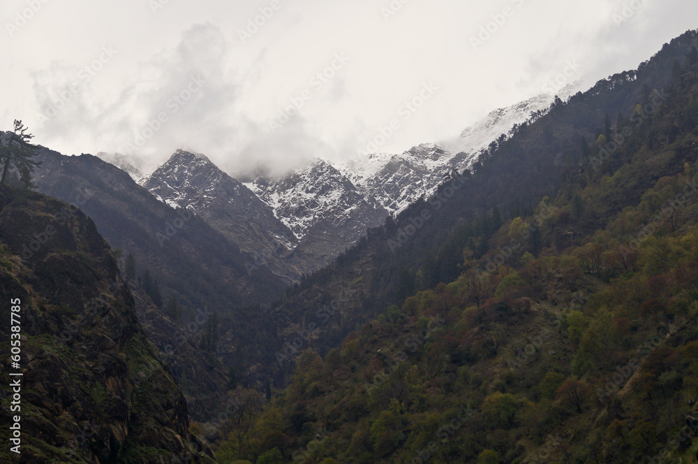 Panoramic view on the way to Har Ki Dun. you see Swagarohini Peak in the center of picture and many huts in bottom.