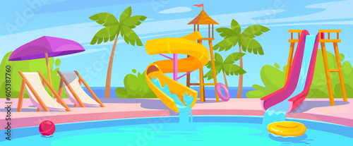 Landscape view of an empty water park with fun water slides and an outdoor swimming pool. Family vacation at a resort with an aqua park. Kids recreation in the summer. Cartoon vector illustration