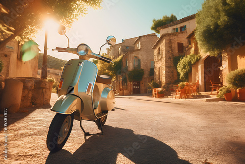 Exploring the Heart of Italy: Traverse Serene Villages on a Vintage Vespa, Soaking in the Vibrant Summer Background, Where Old-World Charm Meets Modern Freedom photo