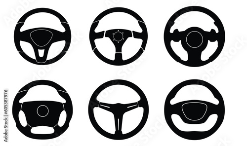 A set of car steering wheels. Vector images of vintage and modern steering wheels for cars. Black stickers isolated on white background. For sites and applications dedicated to cars 